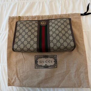 GUCCI Ophidia Leather and Webbing-Trimmed Logo Jacquard Coated-Canvas Wash Bag